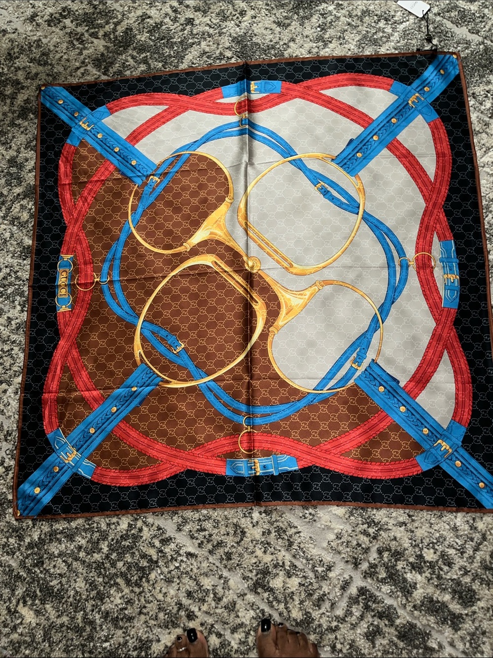 Gucci Brown Blue Red Gold Patterned Silk Scarf
